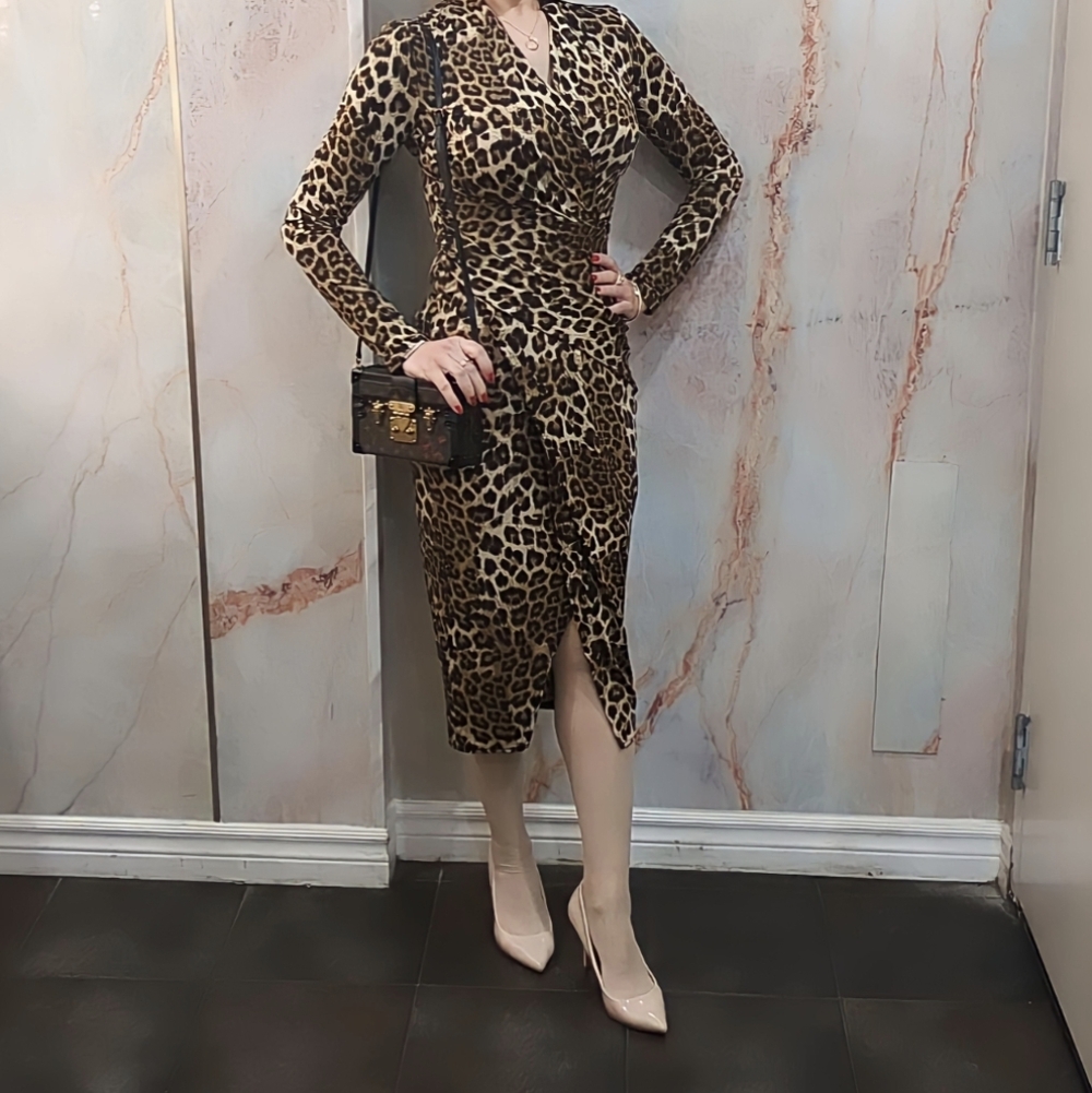 Joseph Ribkoff Leopard Print faux wrap asymmetric dress